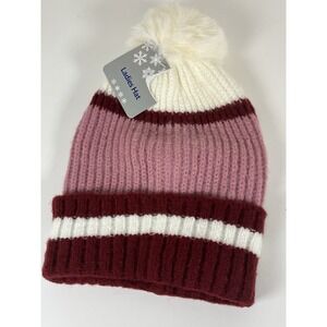 Women's Winter Knit Hat | Purple Stripe Beanie w/ White Pom-Pom | NEW
